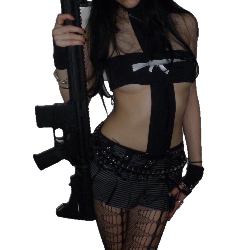 Y2K Black Gothic Cutout Crop T - Pipe Bending Spring ulasan dan harga